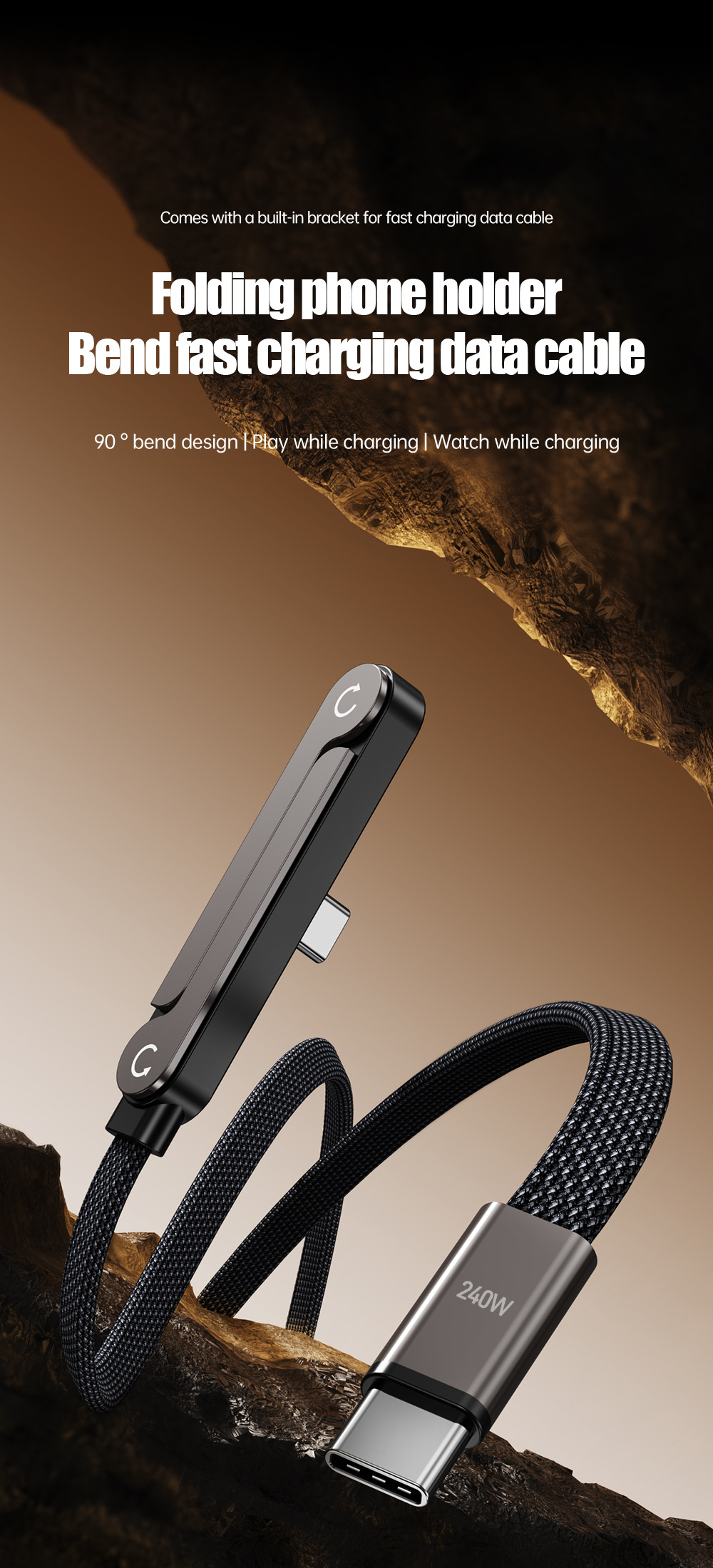 Folding bracket braided data cable - 1